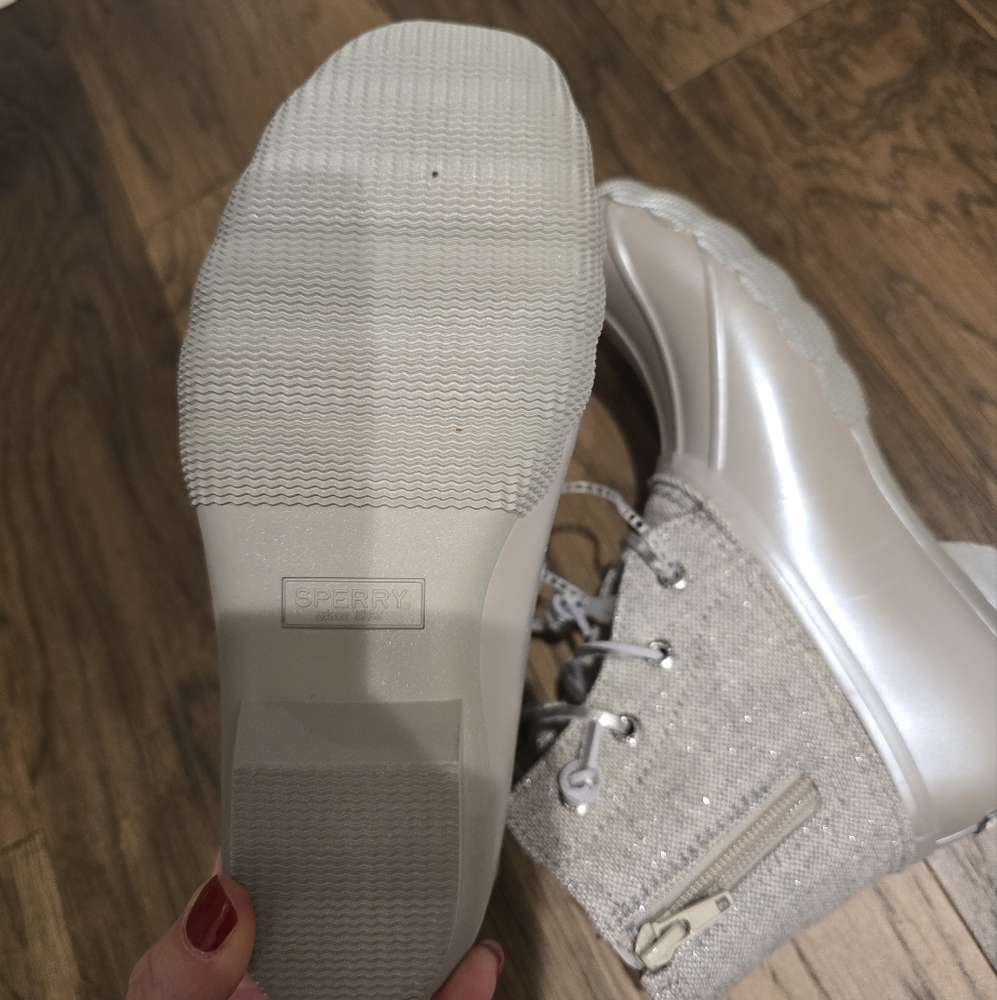 🆕 Sperry Topsider Core Saltwater Rain Duck Boots Grey Silver Iridescent Kids - Picture 13 of 16